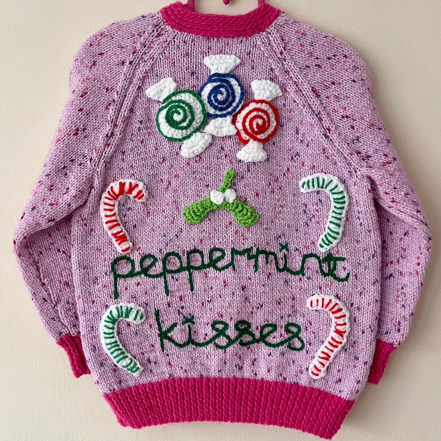 “Peppermint Kisses” Christmas Handmade Cardigan Size Approx 4-5 Years