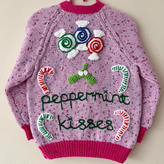 “Peppermint Kisses” Christmas Handmade Cardigan Size Approx 4-5 Years