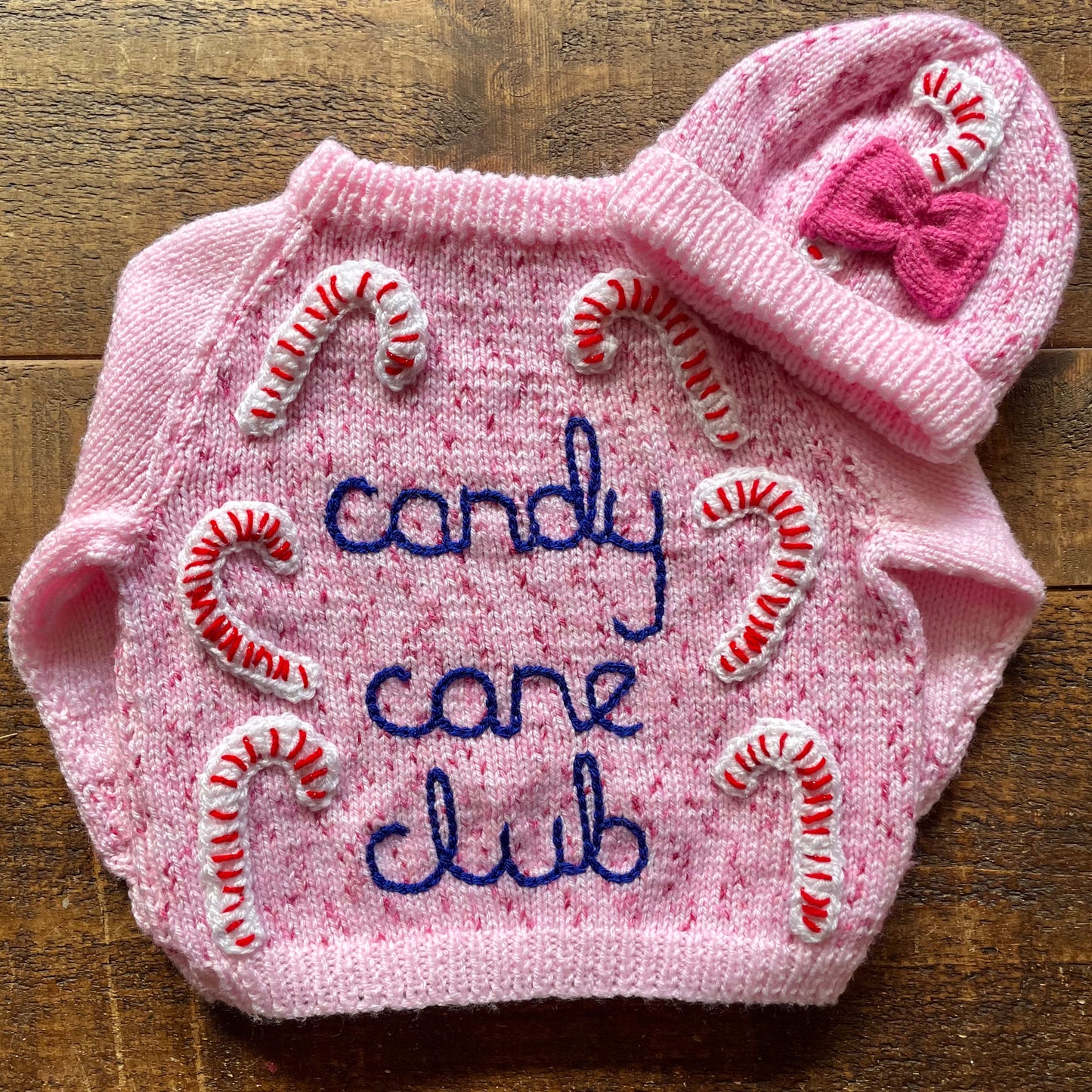 “Candy Cane Club” Christmas Handmade Jumper & Hat Size Approx 2-3 Years