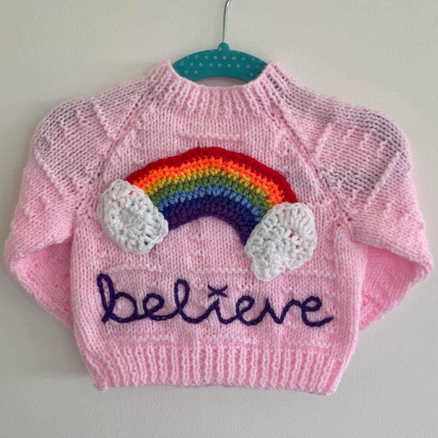 “Believe” Rainbow Handmade Cardigan Size Approx 0-6 months