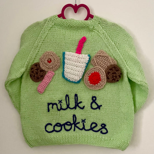 “Milk & Cookies” Handmade Cardigan Size Approx 3-4 Years
