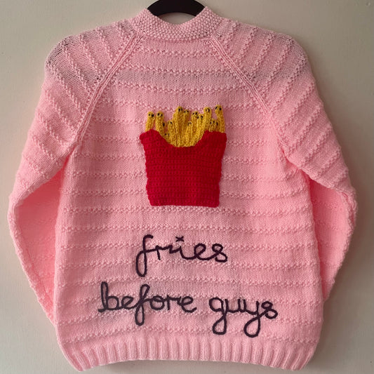 “Fries Before Guys” Ladies Handmade Cardigan Size Approx UK 10-12