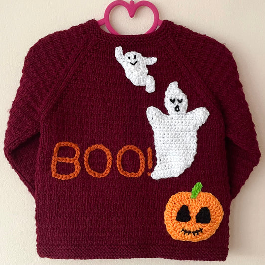 “BOO!” Ghosts & Pumpkin Handmade Cardigan Size Approx 18 months-2.5 Years