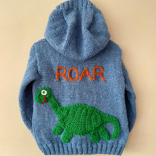 “ROAR” Handmade Hooded Cardigan Size Approx 3-5 Years