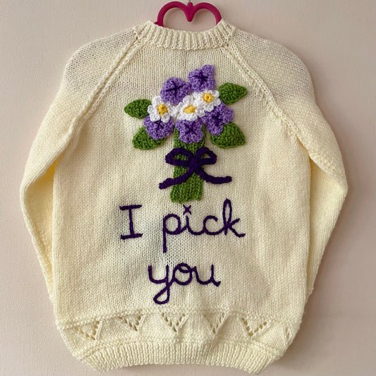 “I Pick You” Handmade Flower Cardigan Size Approx 3-5 Years