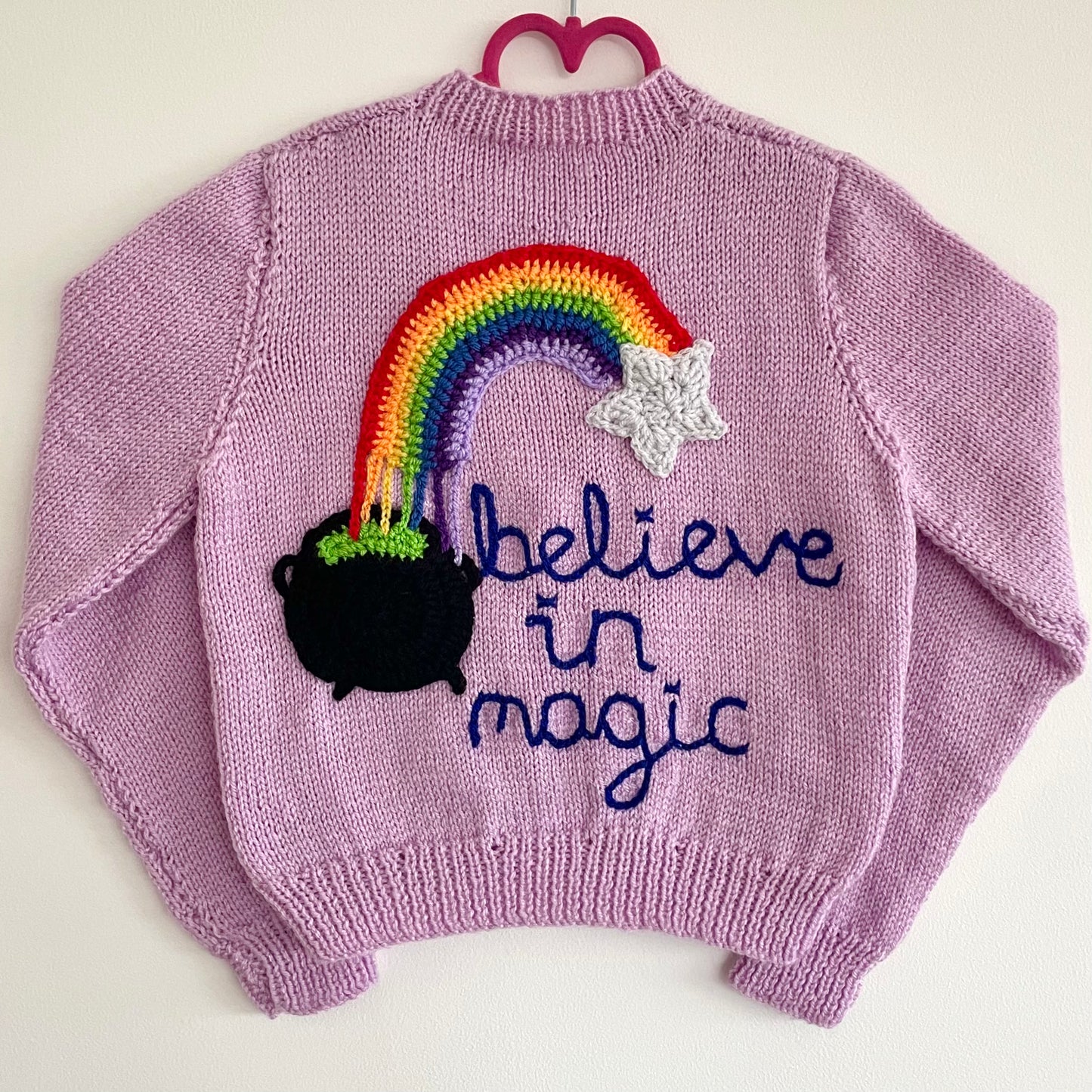 “Believe In Magic” Rainbow Cauldron Handmade Cardigan Size Approx 4-5 Years
